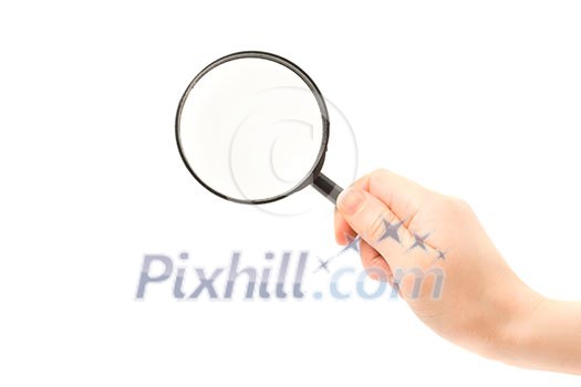 Woman hand holding magnifying glass isolated on white background