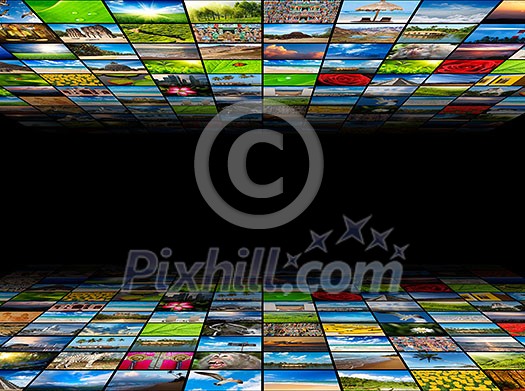 Abstract multimedia background composed of many images with copyspace in the center Abstract multimedia background composed of many images with copyspace in the center