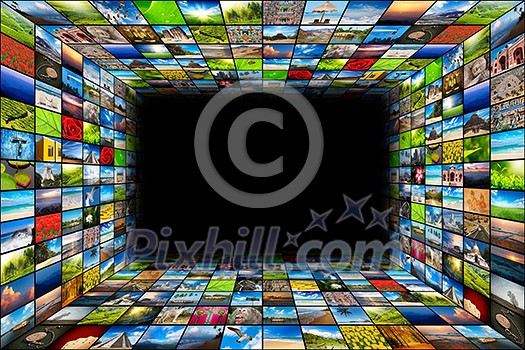 Abstract multimedia background composed of many images with copyspace in the center Abstract multimedia background composed of many images with copyspace in the center