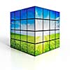 Ecology environmetal nature protection concept - cubes with beautiful landscape on white reflective background