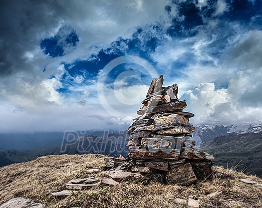 Stone cairn in Himalayas mountains Stone cairn in Himalayas mountains