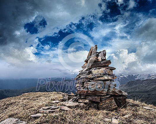 Stone cairn in Himalayas mountains