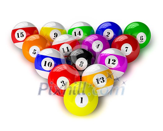 Set of billiard american pool balls isolated on white background