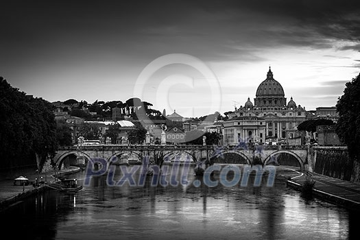 Panoramic view of St. Peter's Basilica and the Vatican City (with the river Tiber winding around it) - Rome, Italy (black&white) Panoramic view of St. Peter's Basilica and the Vatican City (with the river Tiber winding around it) - Rome, Italy (black&white)