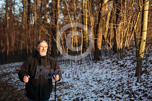 Senior man nordic walking, enjoying the outdoors, the fresh air, getting the necessary exercise Senior man nordic walking, enjoying the outdoors, the fresh air, getting the necessary exercise