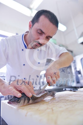 Handsome chef dressed in white uniform decorating pasta salad and seafood fish in modern kitchen Handsome chef dressed in white uniform decorating pasta salad and seafood fish in modern kitchen