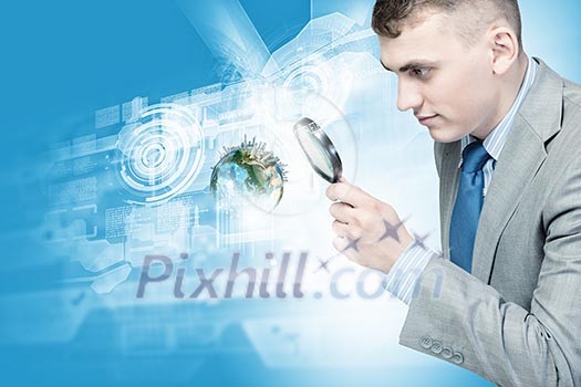 Image of businessman examining objects with magnifier. Elements of this image are furnished by NASA Image of businessman examining objects with magnifier. Elements of this image are furnished by NASA
