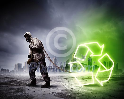 Stalker against nuclear background. Disaster and pollution. Recycle concept Stalker against nuclear background. Disaster and pollution. Recycle concept
