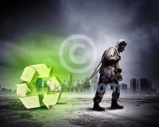 Stalker against nuclear background. Disaster and pollution. Recycle concept