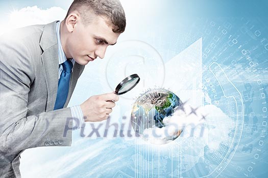 Image of businessman examining objects with magnifier. Elements of this image are furnished by NASA Image of businessman examining objects with magnifier. Elements of this image are furnished by NASA