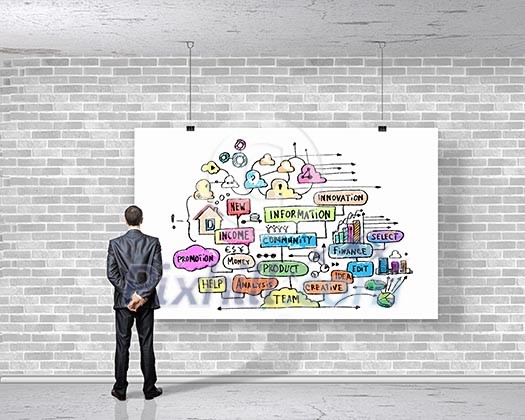 Image of businessman drawing business plan on white banner Image of businessman drawing business plan on white banner