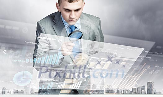 Image of businessman examining objects with magnifier Image of businessman examining objects with magnifier