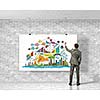 Image of businessman drawing business plan on white banner