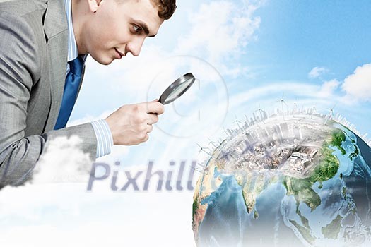 Image of businessman examining objects with magnifier. Elements of this image are furnished by NASA Image of businessman examining objects with magnifier. Elements of this image are furnished by NASA