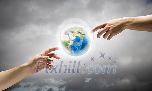 Close up of human hands touching with fingers. Based on Michelangelo picture. Elements of this image are furnished by NASA Close up of human hands touching with fingers. Based on Michelangelo picture. Elements of this image are furnished by NASA