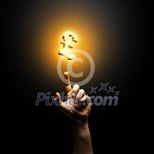 Human hand pointing at pound symbol. Banking concept