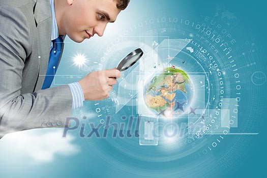 Image of businessman examining objects with magnifier. Elements of this image are furnished by NASA