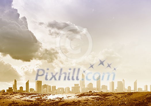 Background image of modern city in clouds