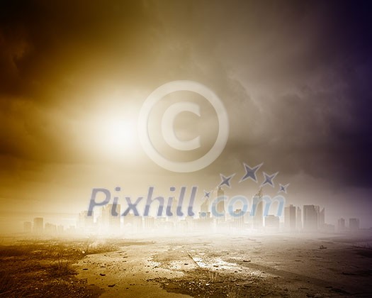 Background image of modern city in clouds Background image of modern city in clouds