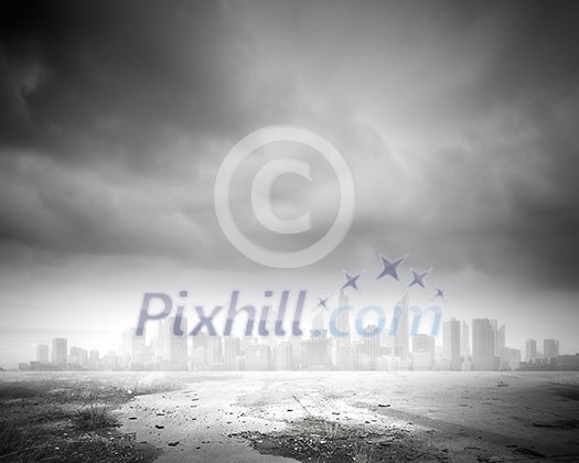 Background image of modern city in clouds Background image of modern city in clouds