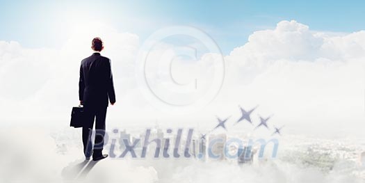 Back view of businessman standing on cloud high in sky