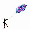 Young joyful businesswoman walking with bunch of colorful balloons