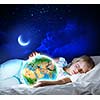 Girl in bed with Earth planet in hands. Elements of this image are furnished by NASA