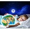 Girl in bed with Earth planet in hands. Elements of this image are furnished by NASA