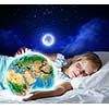 Girl in bed with Earth planet in hands. Elements of this image are furnished by NASA