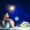 Girl sitting in bed and dreaming. Elements of this image are furnished by NASA