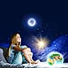 Girl sitting in bed and dreaming. Elements of this image are furnished by NASA