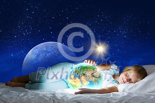 Girl in bed with Earth planet in hands. Elements of this image are furnished by NASA