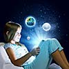 Girl sitting in bed and using tablet pc. Elements of this image are furnished by NASA