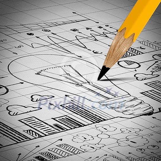 Close up image of pencil sketch with business ideas and strategy Close up image of pencil sketch with business ideas and strategy