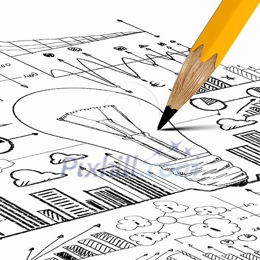 Close up image of pencil sketch with business ideas and strategy