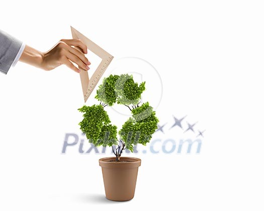 Plant in shape of recycle symbol and human hand holding ruler