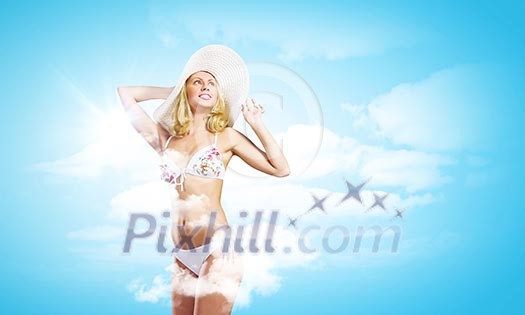 Pretty girl in swimming suit and hat against color background Pretty girl in swimming suit and hat against color background