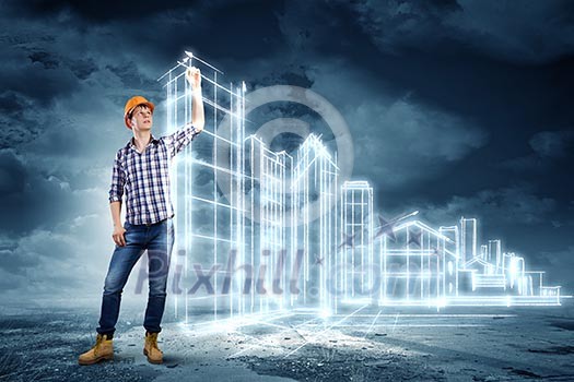 Image of man engineer against building project sketch Image of man engineer against building project sketch