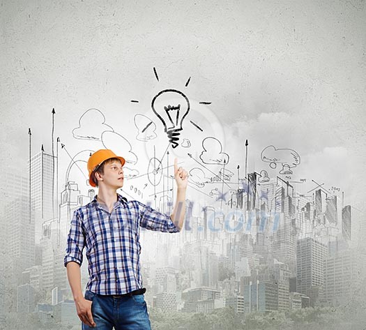 Image of man engineer against building project sketch. Idea concept Image of man engineer against building project sketch. Idea concept