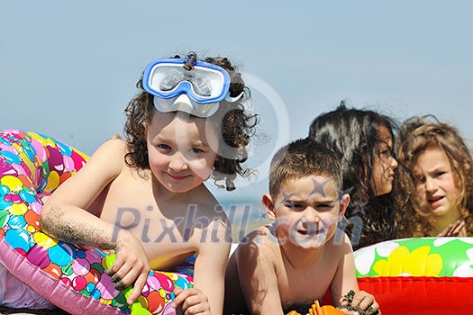 happy child group have fun on beach while playing with toys running jumping happy child group have fun on beach while playing with toys running jumping