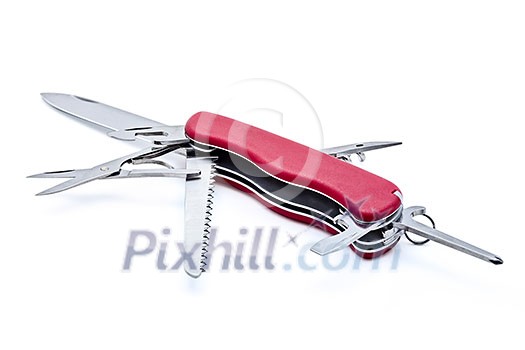 Swiss army multipurpose multitool pocket knife isolated on white Swiss army multipurpose multitool pocket knife isolated on white