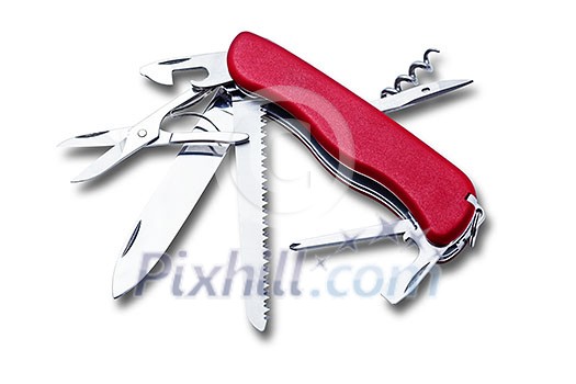 Swiss army multipurpose multitool knife isolated on white
