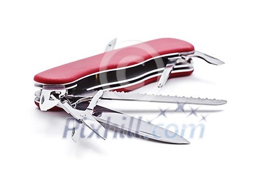 Swiss army multipurpose multitool knife isolated on white