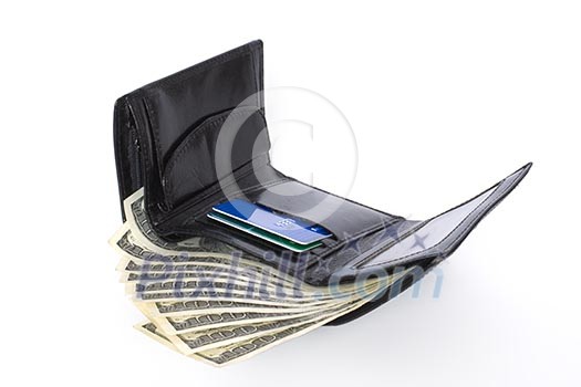 Black wallet with dollars isolated on white background Black wallet with dollars isolated on white background