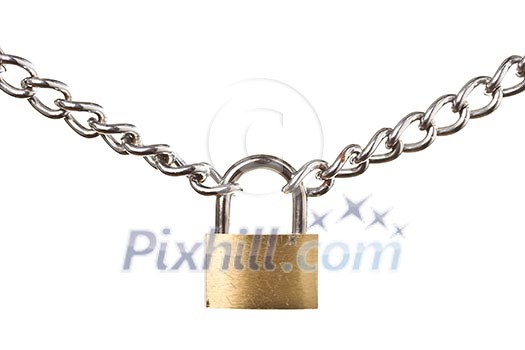 Security concept - padlock on chain isolated on white background