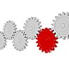 Teamwork success leadership cooperation partnership concept: gear cogwheels in row working together isolated on white