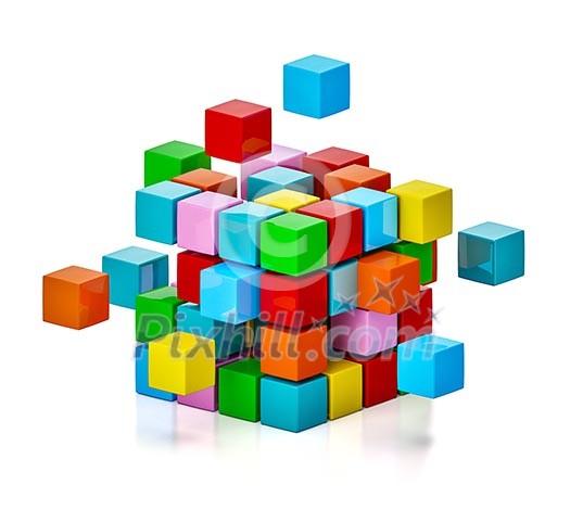 Business teamwork internet communication concept - colorful color cubes assembling into cubic structure isolated on white with reflection Business teamwork internet communication concept - colorful color cubes assembling into cubic structure isolated on white with reflection