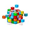 Business teamwork internet communication concept - colorful color cubes assembling into  cubic structure isolated on white with reflection