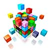 Business teamwork internet communication concept - colorful color cubes assembling into  cubic structure isolated on white with reflection