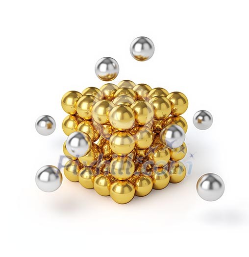 Business teamwork internet communication concept - metal spheres assembling into gold cubic structure isolated on white background Business teamwork internet communication concept - metal spheres assembling into gold cubic structure isolated on white background